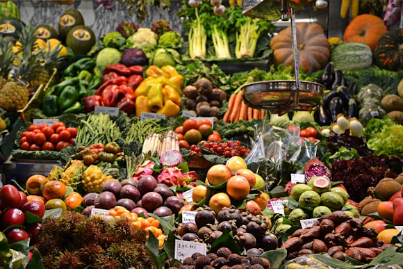 Vibrant vegetable display at a farmers market